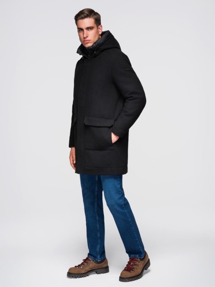 Pánský parka kabát s vlnou a kapucí – černý V1 OM-COWC-0132