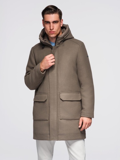 Pánský parka kabát s vlnou a kapucí – khaki V2 OM-COWC-0132