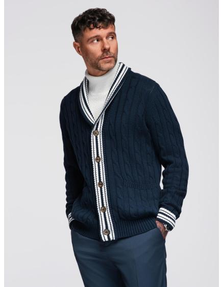 Pánský svetr s šálovým límcem v preppy stylu – tmavě modrý V4 OM-SWCD-0152