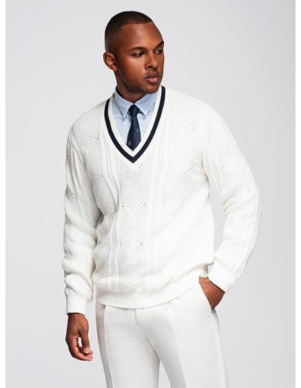 Pánsky sveter s kockovaným vzorom a okrúhlym výstrihom – biely V1 OM-SWSW-0151