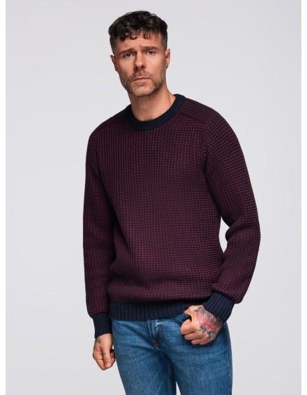 Pánsky sveter s kontrastnou väzbou a okrúhlym výstrihom – gaštanovo hnedý V1 OM-SWSW-0122