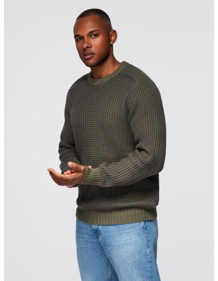 Pánský svetr s kontrastní vazbou a kulatým výstřihem – tmavě olivový V2 OM-SWSW-0122