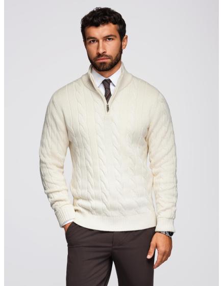 Pánsky kockovaný sveter s rolákom a zipsom – smotanová V1 OM-SWZS-0138