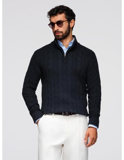 Pánsky sveter s kostkovaným vzorom, rolákom a zipsom – čierny V2 OM-SWZS-0138