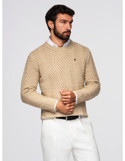 Pánsky sveter so zigzagovým vzorom – pieskový V1 OM-SWSW-0147