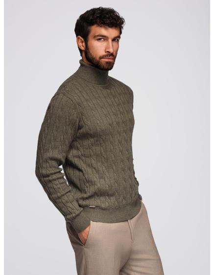 Pánský svetr s rolákem a kostkovaným vzorem – olivová V2 OM-SWTN-0157