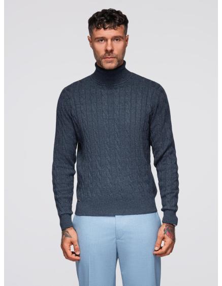 Pánský svetr s rolákem a kostkovaným vzorem – tmavě modrá V3 OM-SWTN-0157
