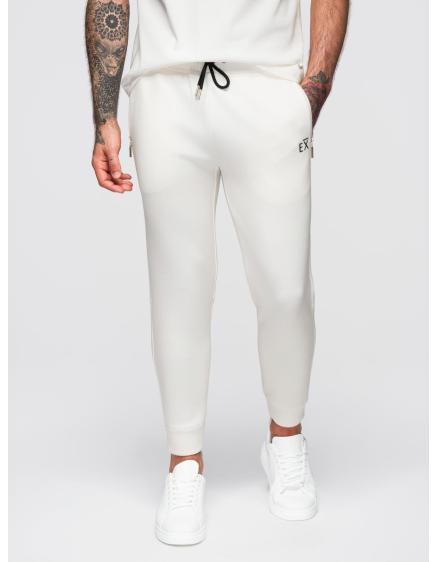 Pánské tepláky s žebrovanými nohavicemi a gumovým potiskem – bílé V2 OM-PASK-0223