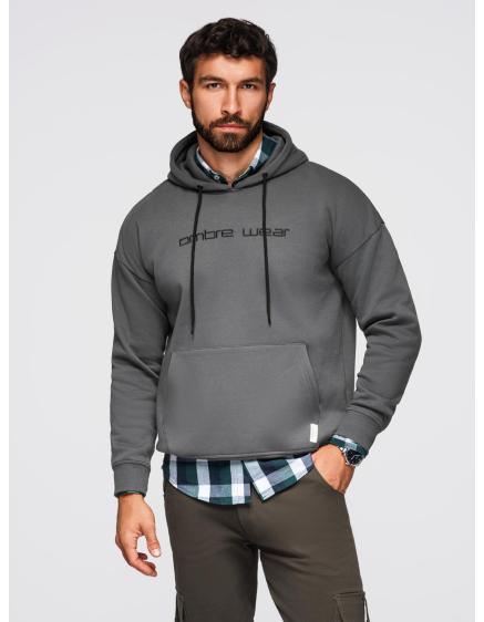 Pánská mikina s kapucí a výšivkou – grafitová V2 OM-SSNZ-0241