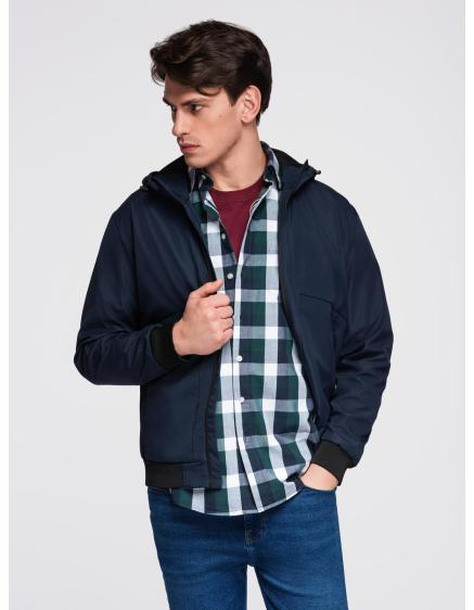 Pánska ľahká bunda s kapucňou a sieťovanou podšívkou – tmavomodrá V1 C640