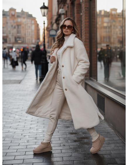 Dámský zimní kabát s kožešinou, dlouhý, krémový