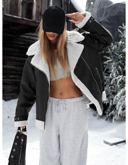 Dámská bunda typu ramoneska s kožešinou, černá