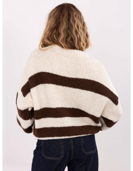 Ecru-hnědý dámský oversize svetr s pruhy