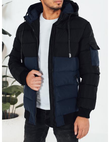 Pánska zimná bunda s kapucňou, tmavomodrá a čierna