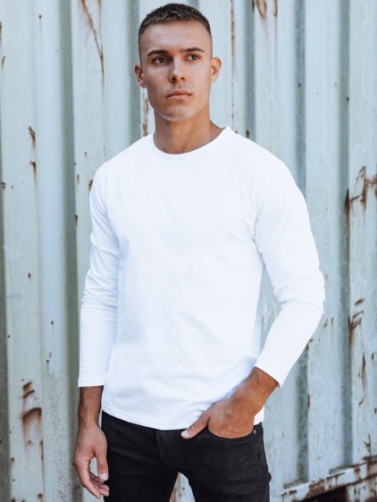 Férfi rugalmas hosszú ujjú póló kerek nyakkivágással, fehér