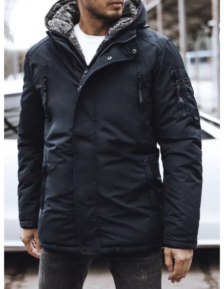 Pánska zimná prešívaná bunda s kapucňou tmavomodrá