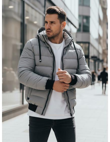 Férfi téli steppelt kabát kapucnival szürke