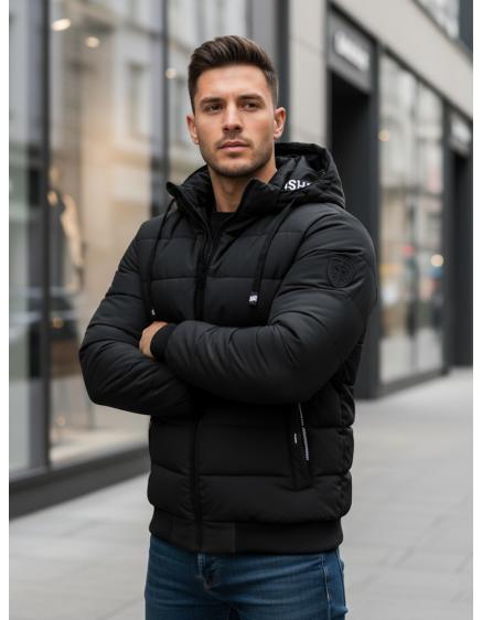 Férfi téli steppelt kabát kapucnival fekete