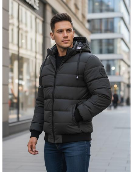 Férfi téli steppelt kabát kapucnival sötétszürke színben