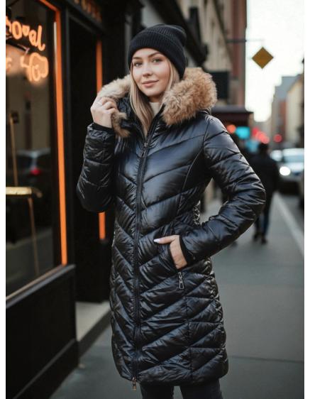 Dámska zimná prešívaná bunda BELLATRIX čierna s kožušinou