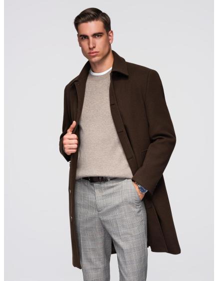 Jednořadový pánsky dlhý kabát s golierom a podšívkou – hnedý V4 OM-COWC-0135