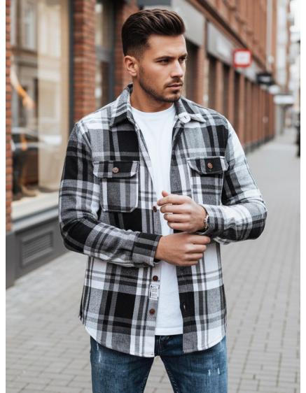 Pánska flanelová košeľa s čierno-bielym kockovaným vzorom