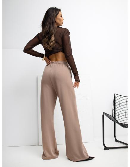 Tmavobežové nohavice s vysokým pásom RUE PARIS