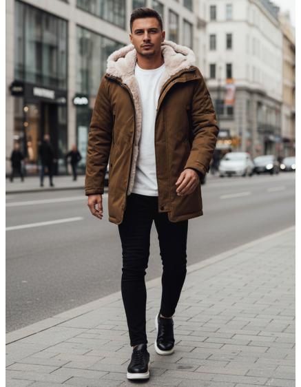 Pánska zimná bunda s kapucňou, tmavo béžová