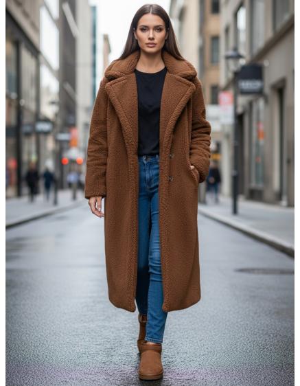 Dámský zimní kabát s dlouhou kožešinovou podšívkou, kamelová barva