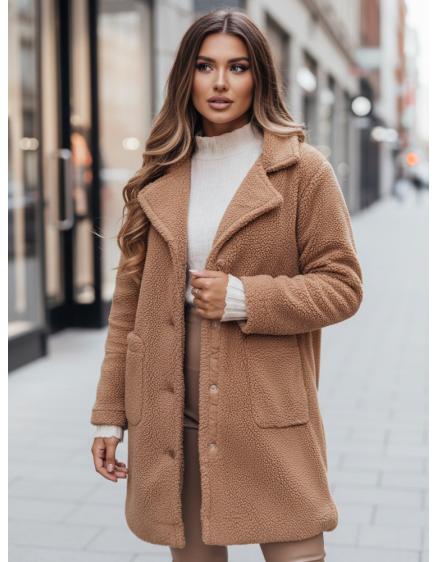 Dámský zimní kabát s kožešinovou podšívkou, kamelová barva