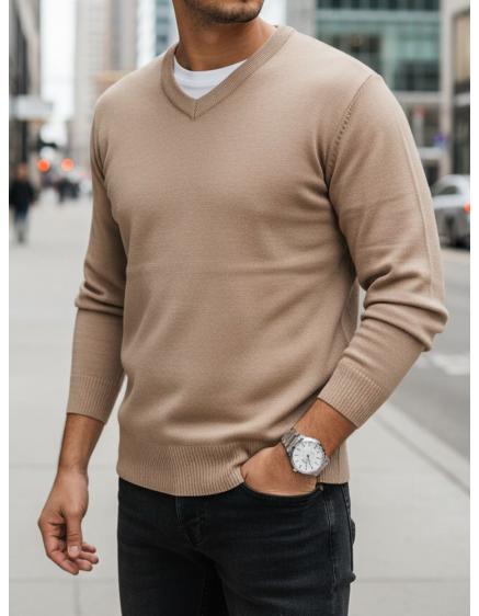Férfi pulóver V-nyakkivágással, kamel színű