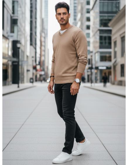 Férfi pulóver V-nyakkivágással, kamel színű
