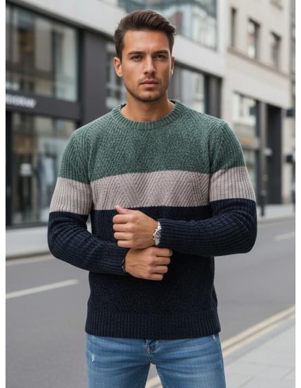 Férfi pulóver kerek nyakkivágással, zöld és sötétkék