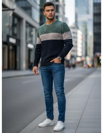 Férfi pulóver kerek nyakkivágással, zöld és sötétkék