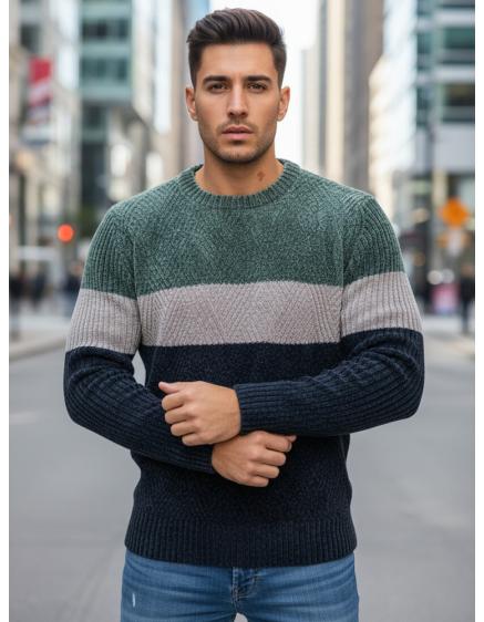 Férfi pulóver kerek nyakkivágással, zöld és sötétkék