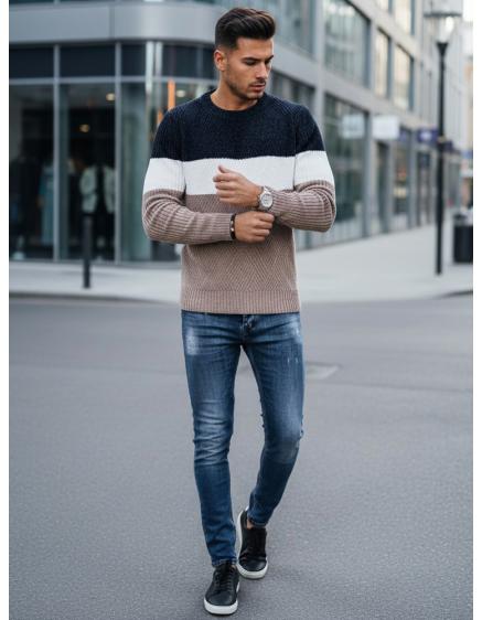 Férfi pulóver kerek kivágással, sötétkék és bézs