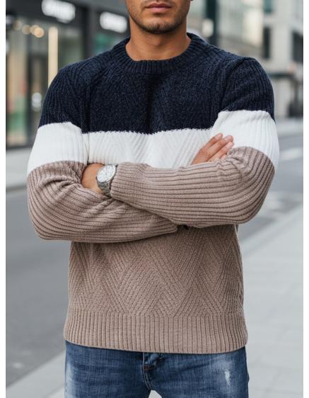 Férfi pulóver kerek kivágással, sötétkék és bézs