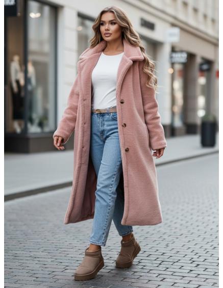 Dámský zimní kabát z dlouhé růžové teddy kožešiny