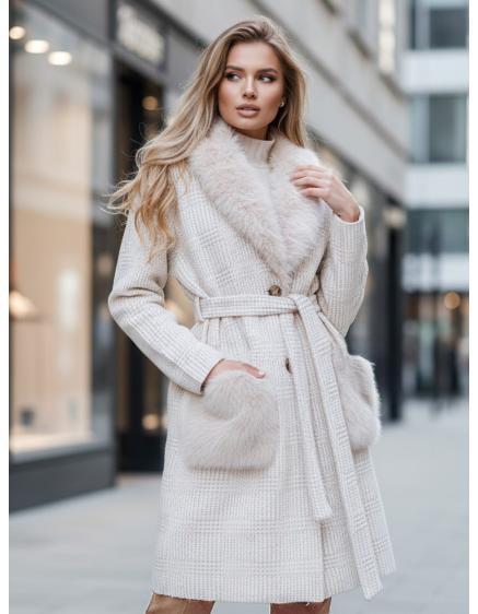 Dámský kabát s kožešinou v béžové barvě