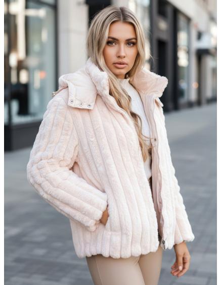 Dámska kožušinová bunda s kapucňou, ružová