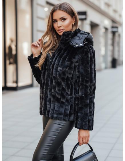 Dámska kožušinová bunda s kapucňou, čierna