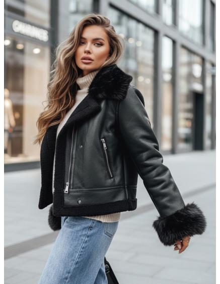 Dámska bunda z umelej kože s kožušinou, čierna