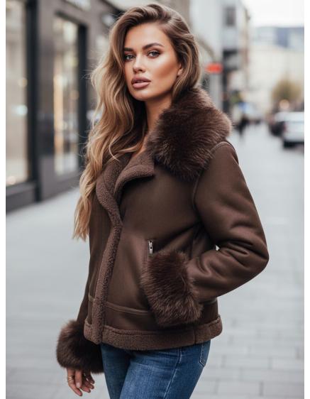 Dámska bunda z umelej kože s kožušinou, hnedá