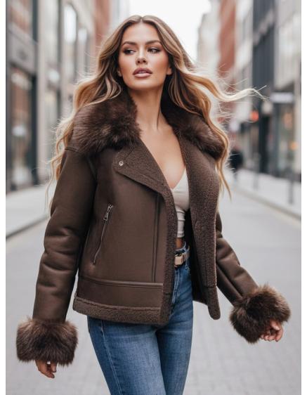 Dámska bunda z umelej kože s kožušinou, hnedá
