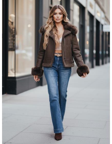 Dámska bunda z umelej kože s kožušinou, hnedá