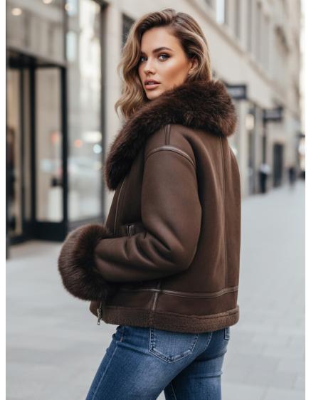 Dámska bunda z umelej kože s kožušinou, hnedá
