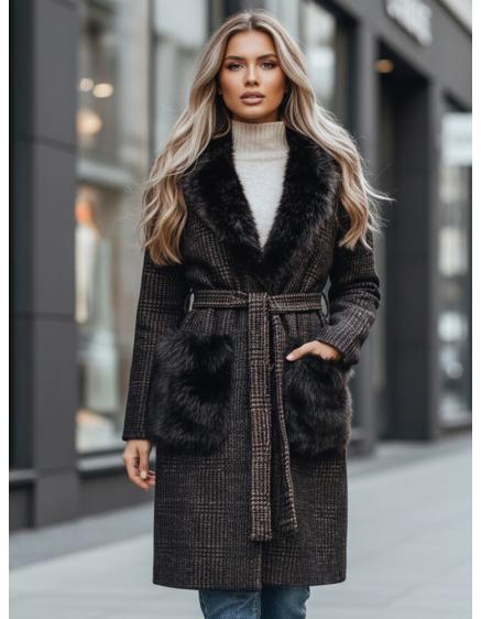 Dámský kabát s kožešinou v hnědé barvě
