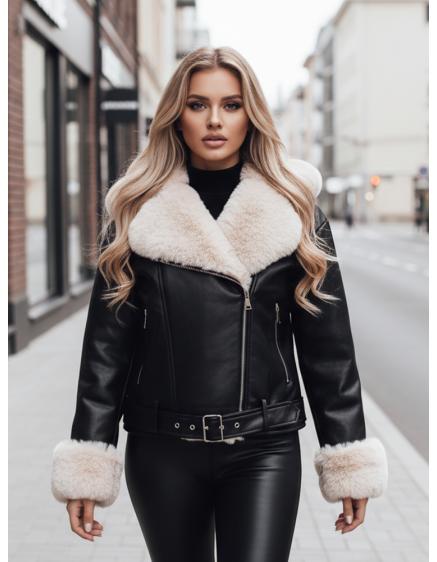 Dámska bunda z umelej kože s kožušinou, čierna