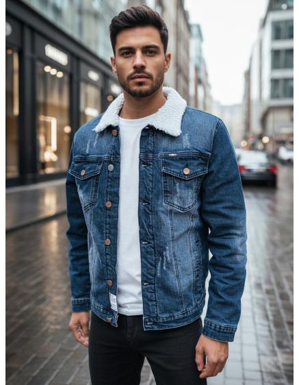 Pánska džínsová bunda s kožušinovou podšívkou, tmavomodrá