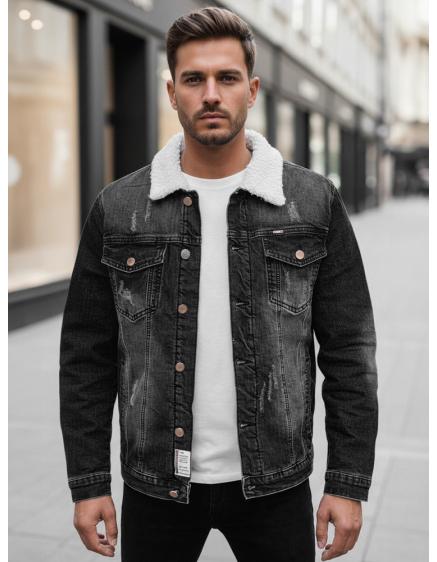Pánska džínsová bunda s kožušinovou podšívkou, sivá